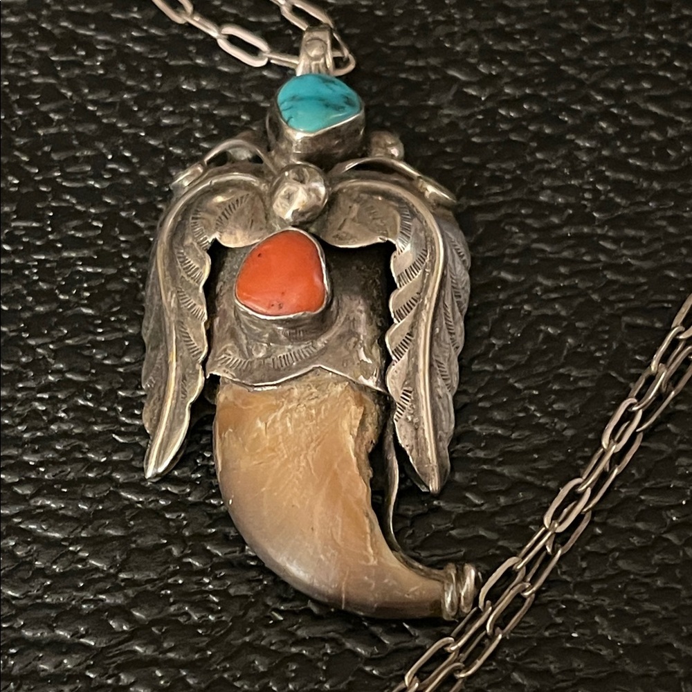 Native American Silver claw Necklace with Turquoise and Coral Accents